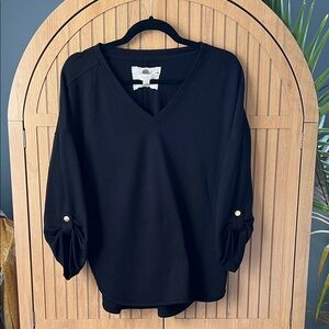 Cupio Black V-Neck Blouse with Buttoned Sleeves